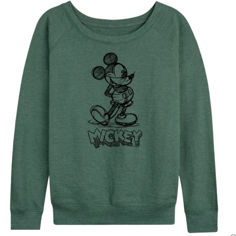 Disney Mickey Mouse Sketch Sweatshirt Sz L Green French Terry Wide‎ Neck Graphic